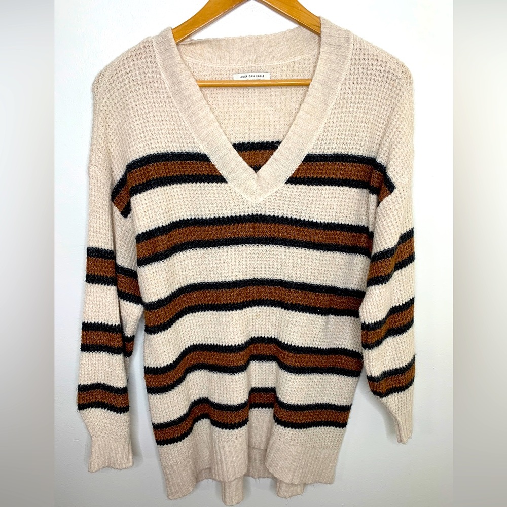 American Eagle Size Small Stripe Sweater womens Oversized Brown/Cream V Neck